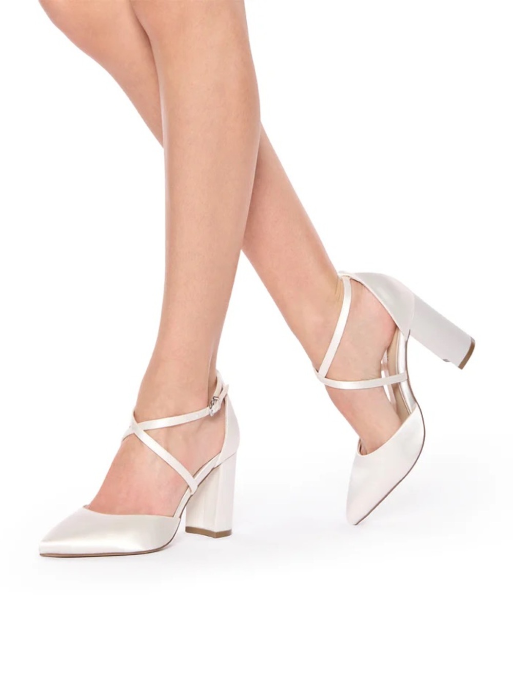 Paradox London Pink Satin Pointed Block Heel Pumps with Crisscross Ankle Straps